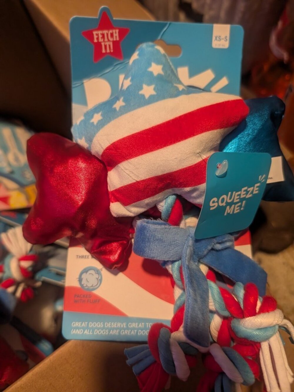 BarkBox BARK American Flag Star Plush Squeaky Rope Dog Toy USA Patriotic...